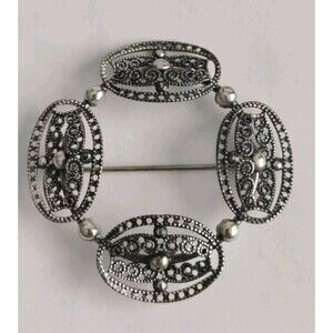 Vintage Beau Sterling Silver Filigree Circle 1.75" Brooch Pin Signed